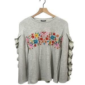 Chelsea & Theodore Embroidered Ruffle Sweatshirt - Gray - Small
